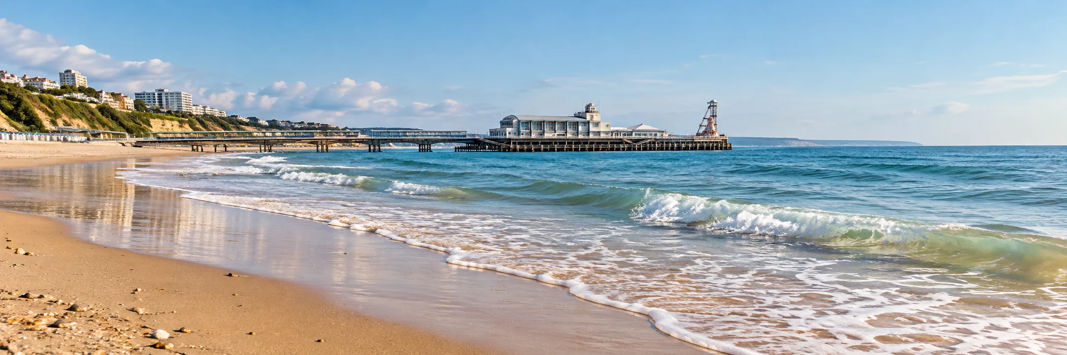 AI-generated Bournemouth-inspired beach panorama with a seaside pier