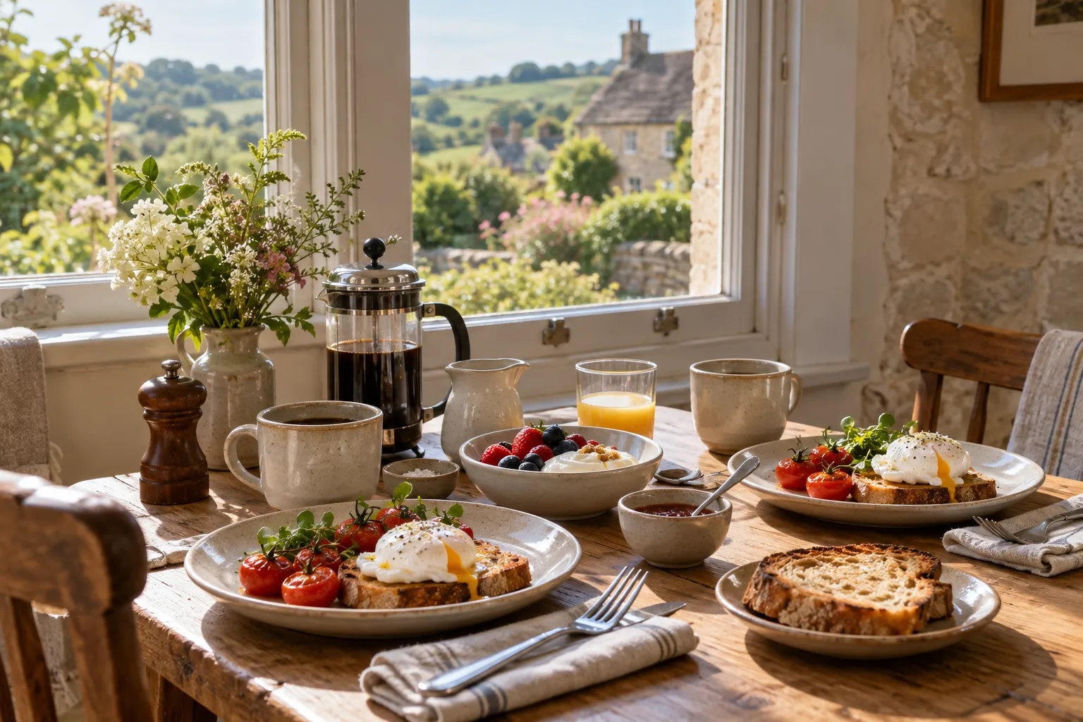 AI-generated breakfast table with eggs, toast, berries and coffee beside a window