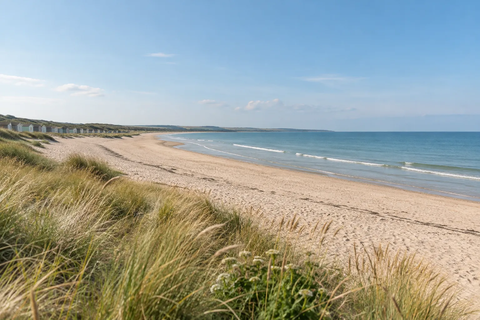 AI-generated Dorset-inspired sandy beach with coastal grasses and distant beach huts; not a photograph of a specific location