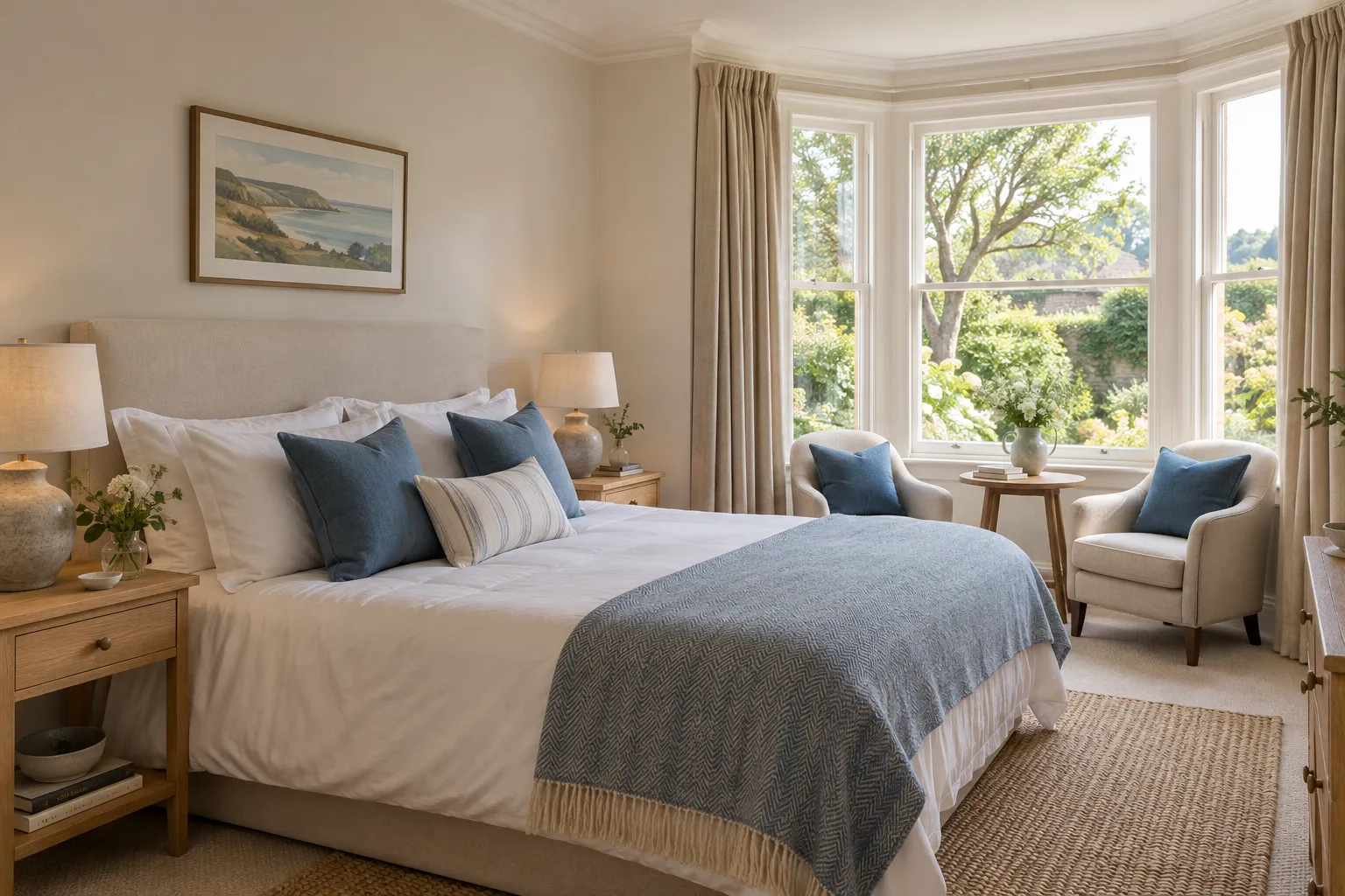 AI-generated double bedroom with white linen and blue cushions