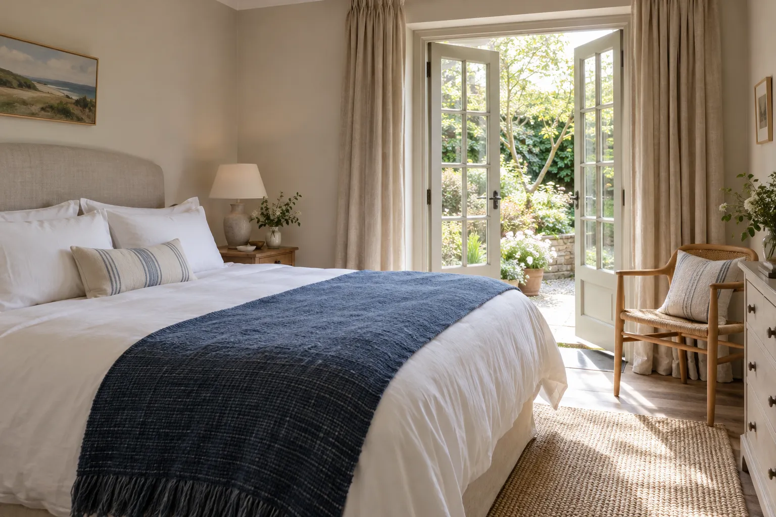 AI-generated double bedroom with French doors overlooking a leafy garden