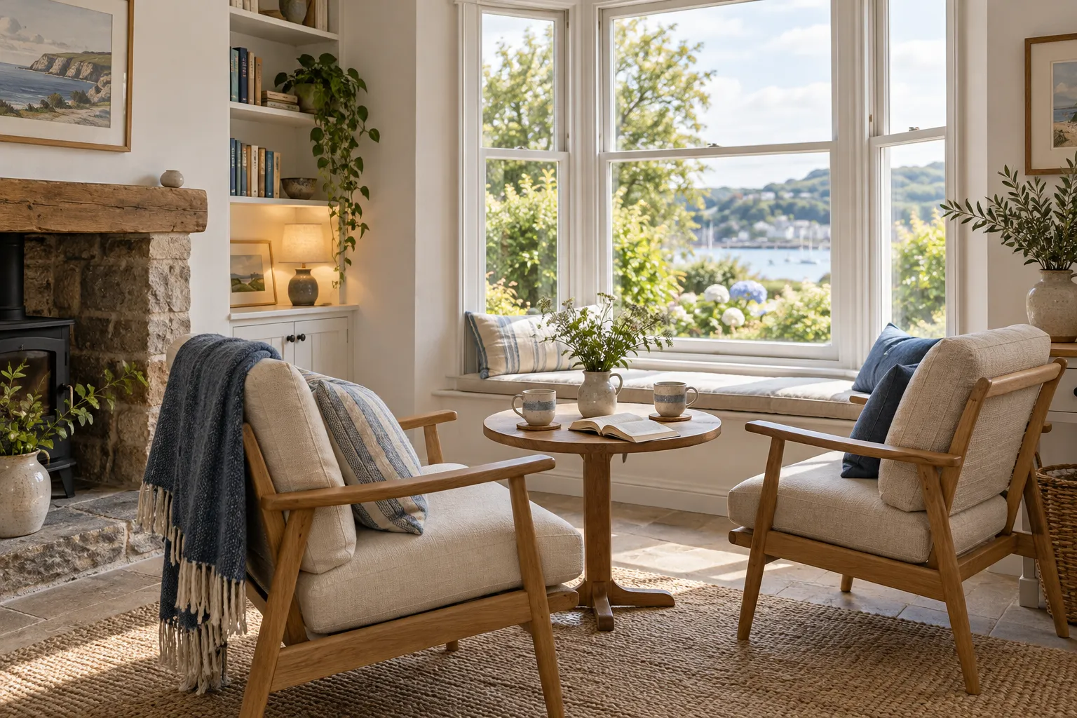 AI-generated illustration of a quiet guest-house sitting room with armchairs, books and tea