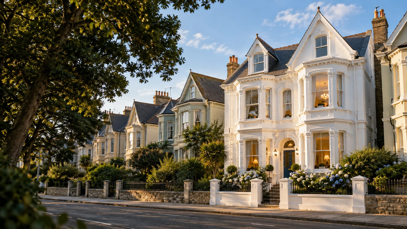 AI-generated row of Dorset guesthouses, with a chalk-white house and blue front door standing out in the afternoon light