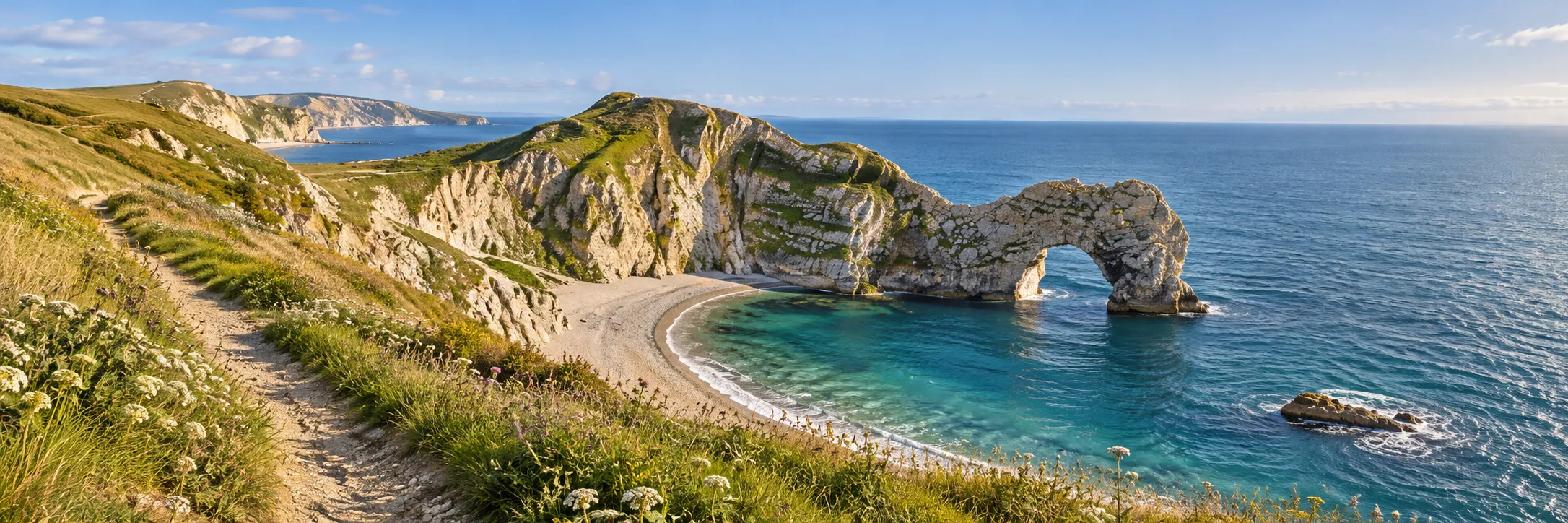 AI-generated Jurassic Coast-inspired panorama of a limestone sea arch and cliffs