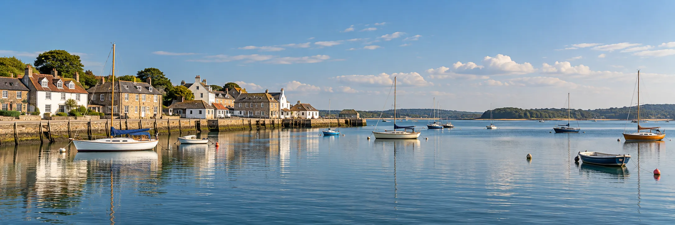 AI-generated Poole Harbour-inspired panorama with boats and waterfront buildings