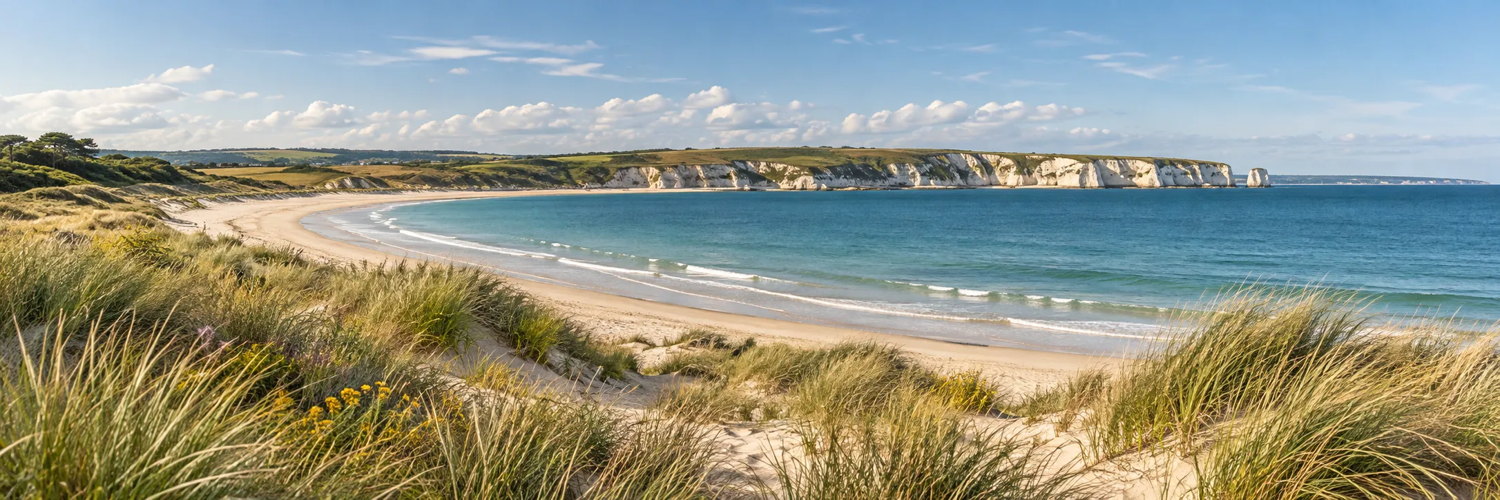 AI-generated Studland-inspired panorama of dunes, beach and distant chalk headlands